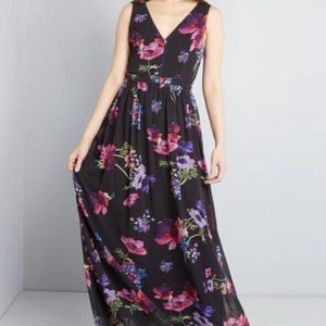 Modcloth "muster the length" black floral maxi dress Size:M Poly w/side pockets